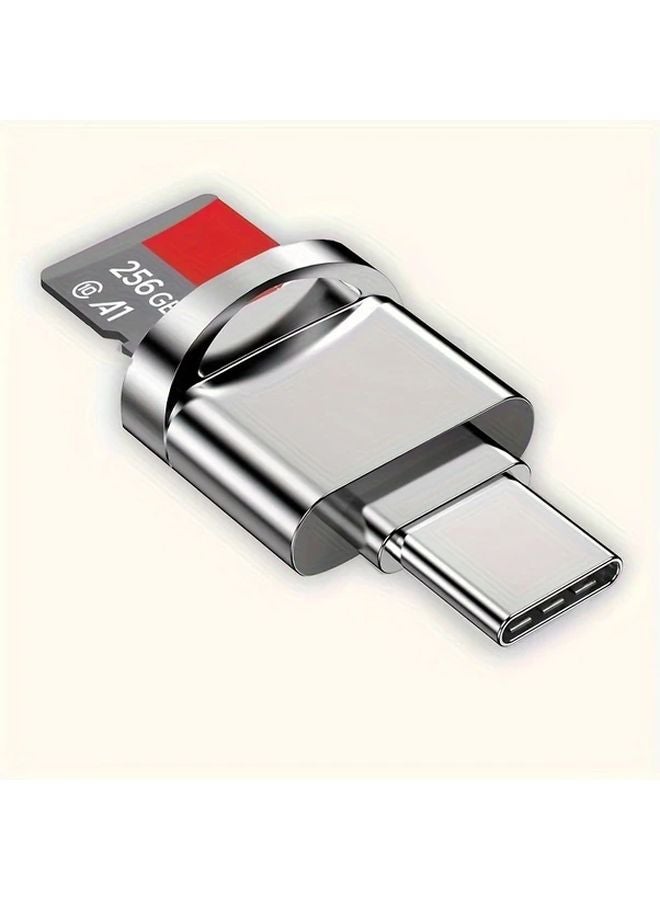 Silvery Dual USB C Card Reader for SD TF Cards 256GB Portable Data Transfer High Gloss Metal Finish - Image 1